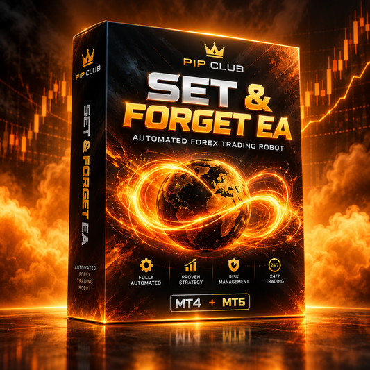 Set & Forget EA Pip Club 3D MT4 and MT5 forex trading software box with fiery orange background